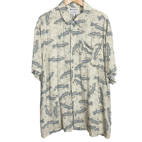 Vintage Dad Shirt Fish Abstract Button-Up Blue Greige Columbia 90s‎ 2000s Rayon - Picture 2 of 9
